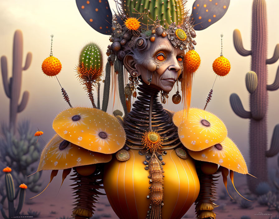 Fantastical humanoid with cactus features in desert landscape