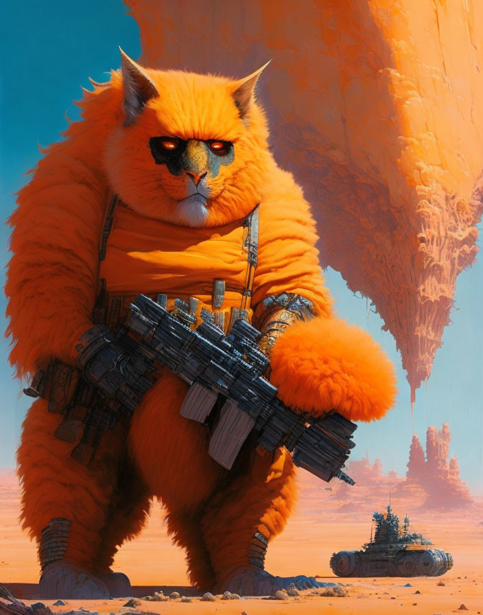 Large Orange Cat with Red Eyes and Futuristic Weapons in Desert Scene