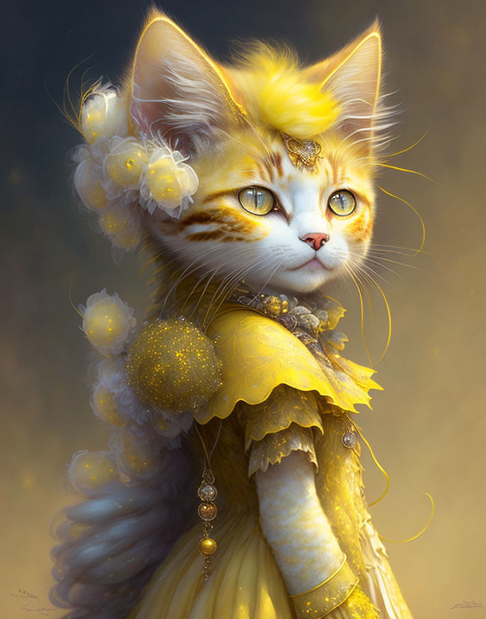 Whimsical cat illustration in elegant yellow dress