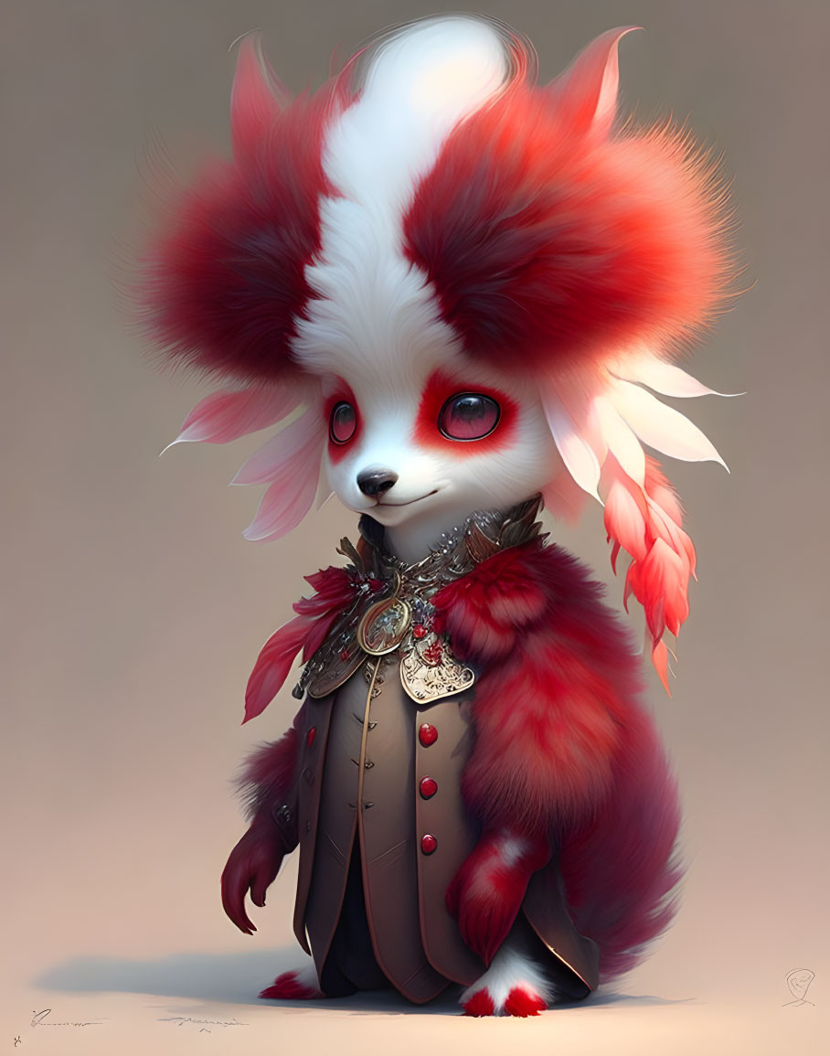 Elegant red and white anthropomorphic creature with fluffy ears and ornate collar