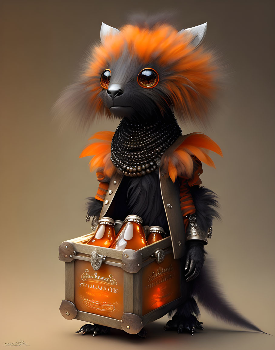 Orange and black anthropomorphic creature with pearls near grenades