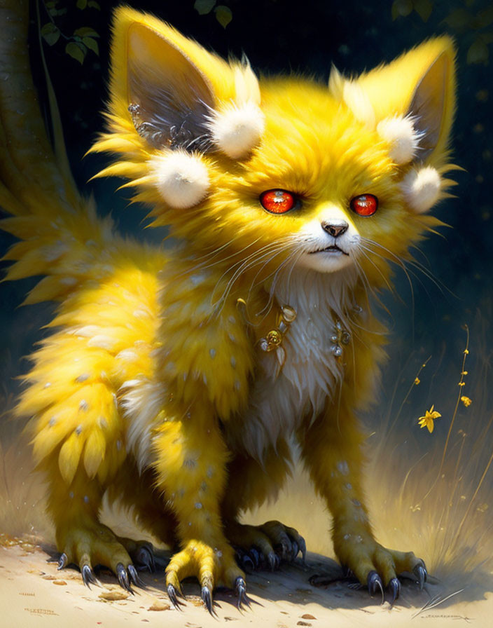 Yellow fox-like creature with red eyes in nature habitat