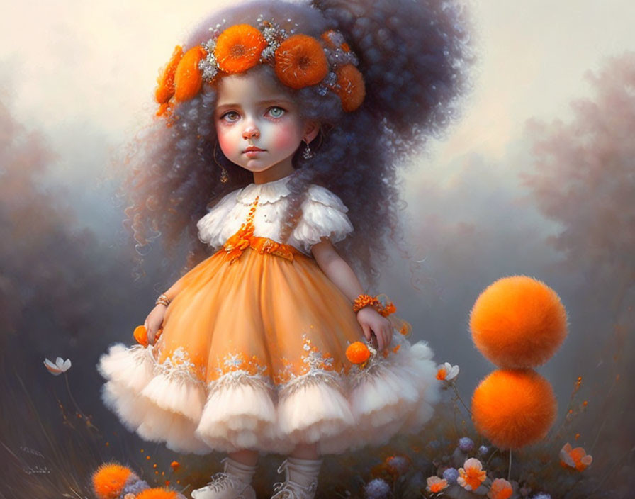 Whimsical image: young girl in orange dress with large eyes surrounded by puffball-like plants