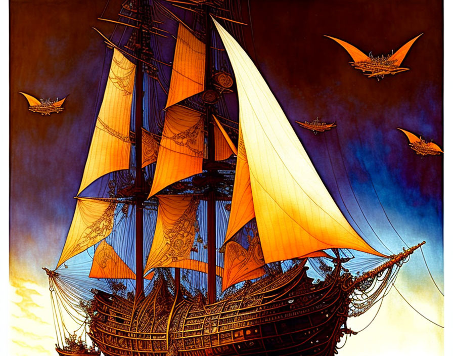 Illustration of tall ship with billowing sails in twilight sky with flying creatures