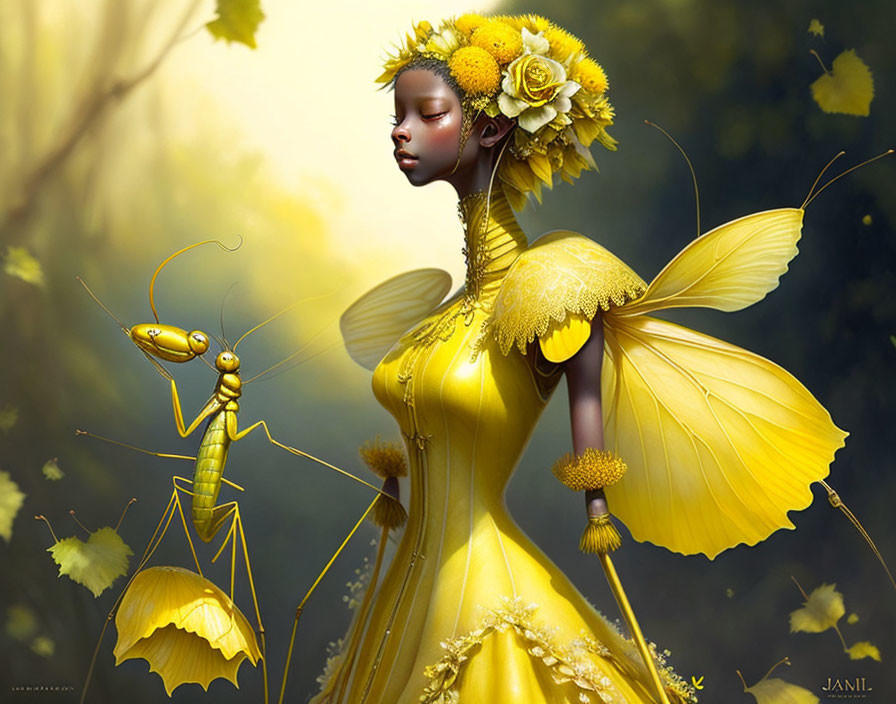 Fantasy digital artwork: Woman in yellow dress with butterfly wings next to praying mantis