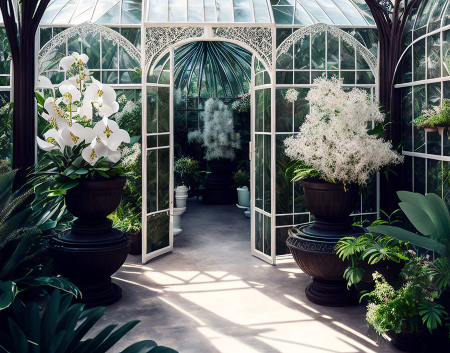 Tranquil greenhouse interior with white orchids, green plants, ornate black planters, and