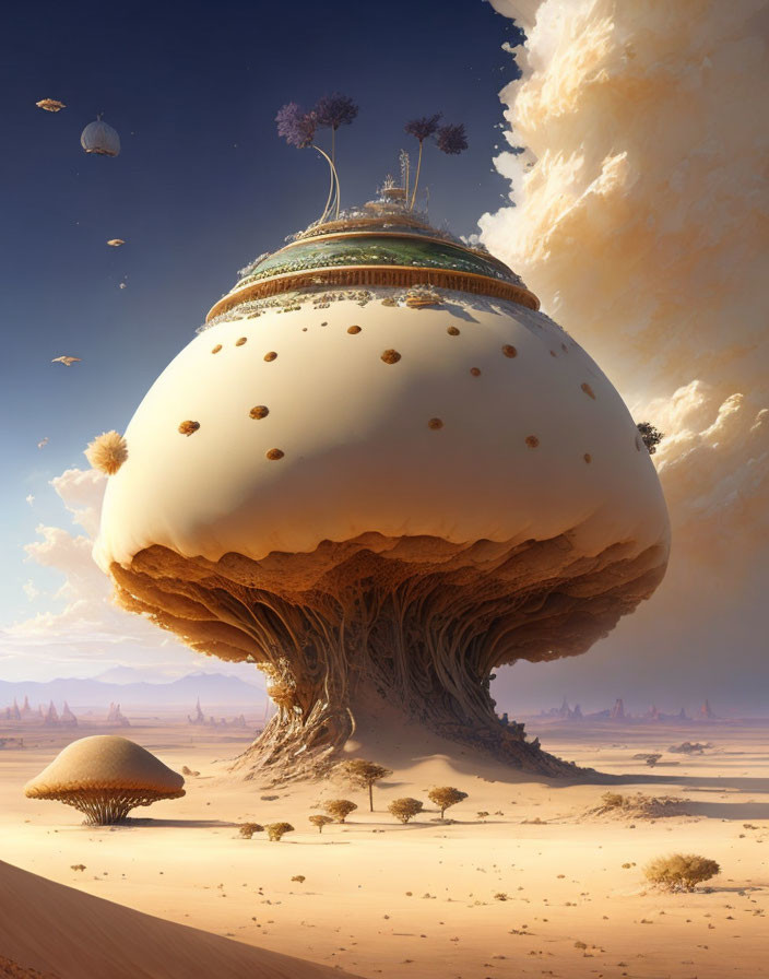 Fantastical desert landscape with giant mushroom structures and trees under a vast cloudy sky