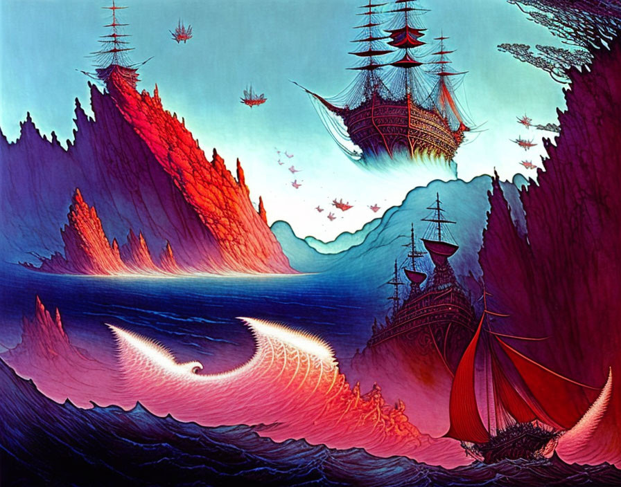 Colorful fantasy artwork: ships, waves, mountains, pink and blue sky