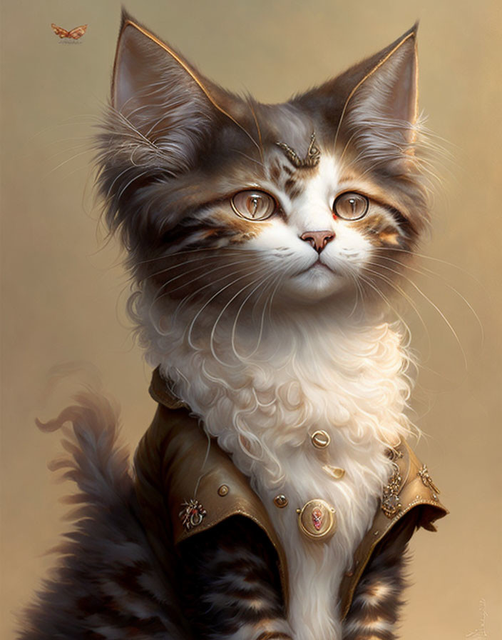 Regal fluffy cat in decorated jacket with butterfly on golden backdrop