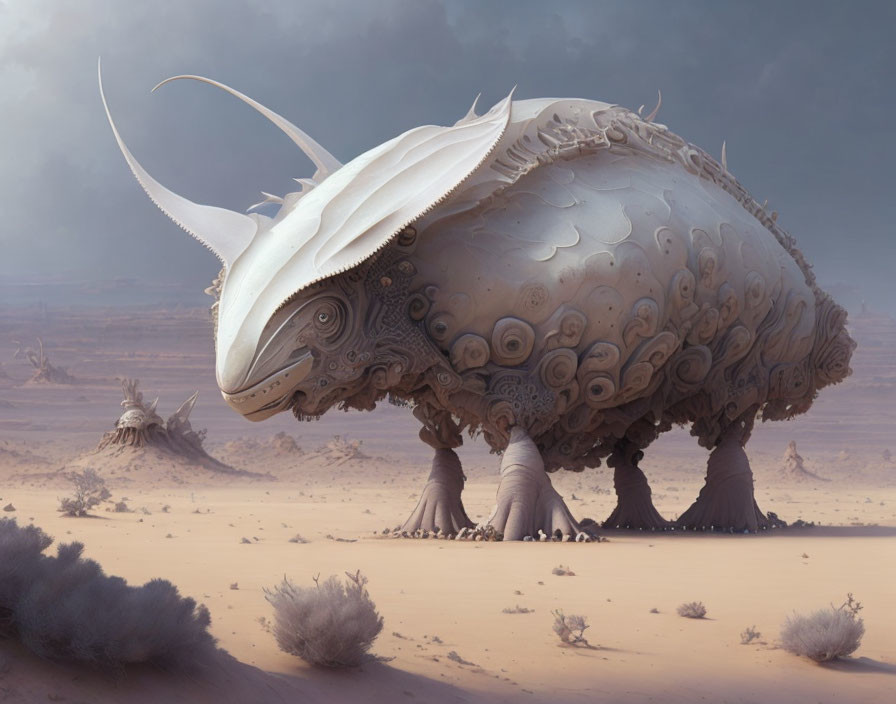 Fantastical armadillo-rhinoceros hybrid with bony plates in desert scene