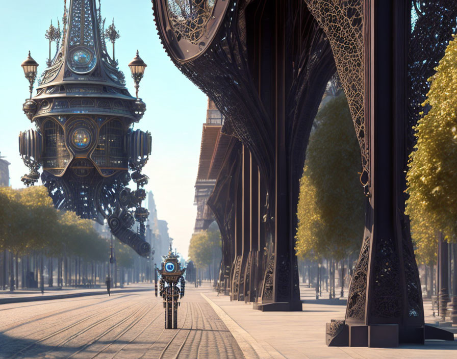 Futuristic robot on bicycle in metal tree-lined avenue