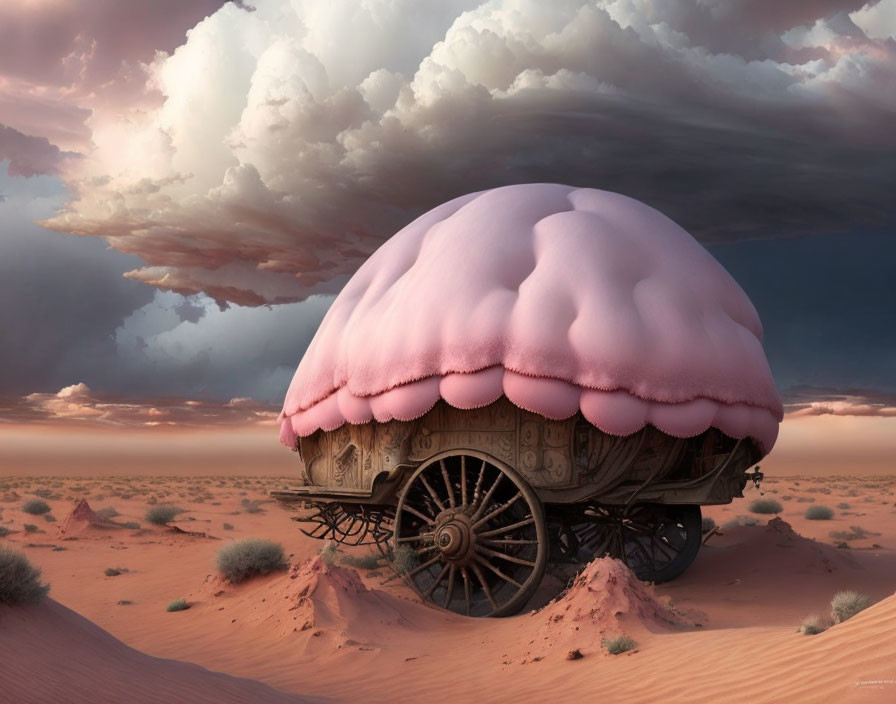 Whimsical cupcake-shaped vehicle in desert landscape with dramatic clouds