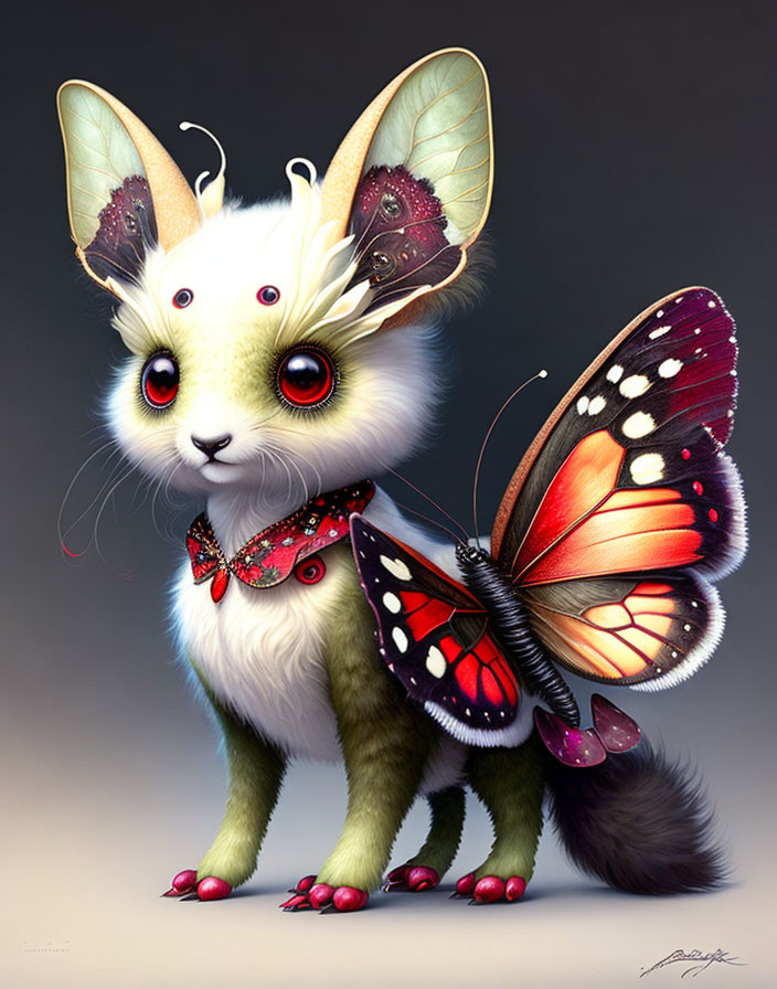 Fantasy creature illustration with cat body, butterfly wings, moth antennae, red eyes, and bow