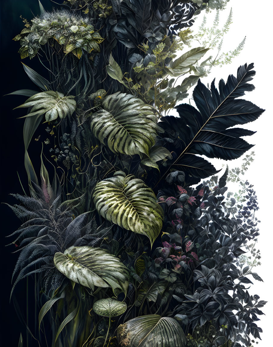 Tropical plants with rich green foliage on dark background