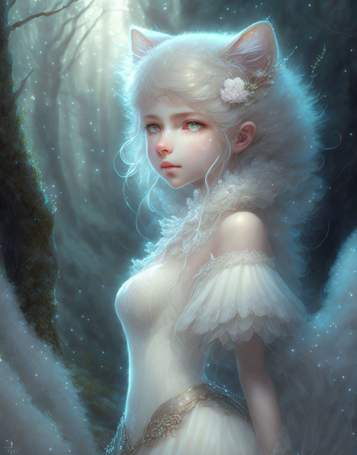 Fantasy illustration of young woman with cat ears in ethereal forest