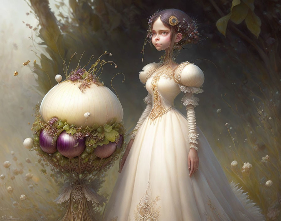 Surreal illustration of a woman in cream dress with oversized bulb structures in dreamy forest.