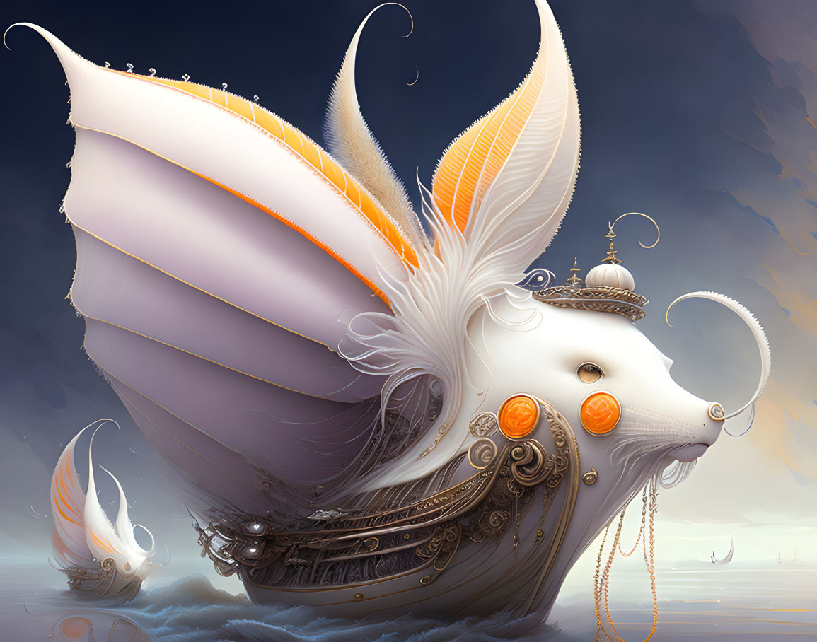 Fantastical surreal ship illustration with feather-like sails and elegant animal head prow.