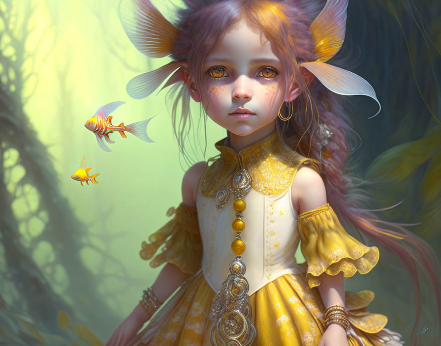 Fantasy digital artwork: girl with pointed ears and expressive eyes, floating fish, mystical green backdrop