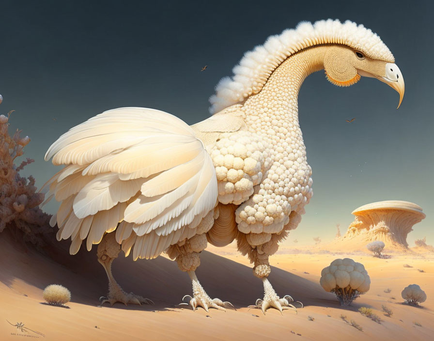 Chicken-bodied vulture creature in desert with mushroom plants