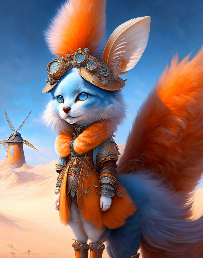 Blue anthropomorphic cat in orange outfit with windmill background.