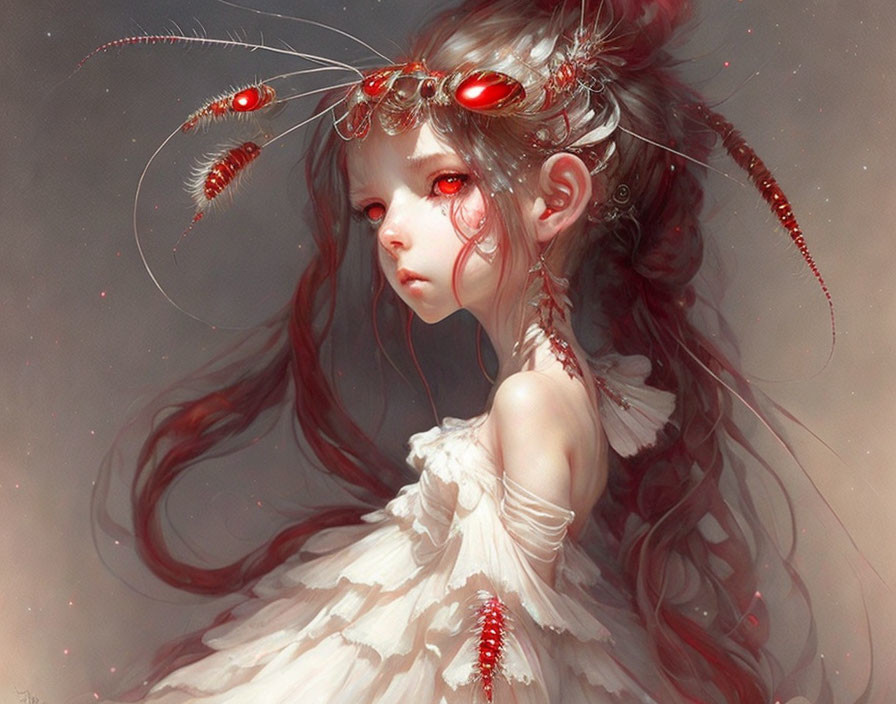 Fantasy illustration of girl with red eyes and gemstone headpiece