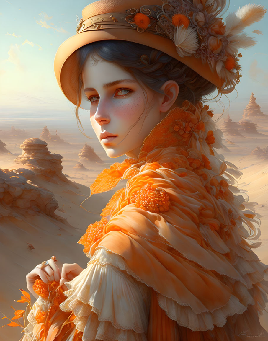 Woman in ornate orange dress and hat in desert sunset scene