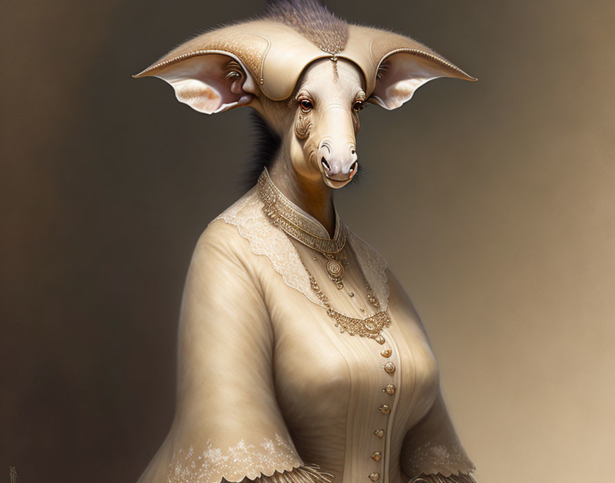 Anthropomorphic goat in elegant attire and jewelry against beige background