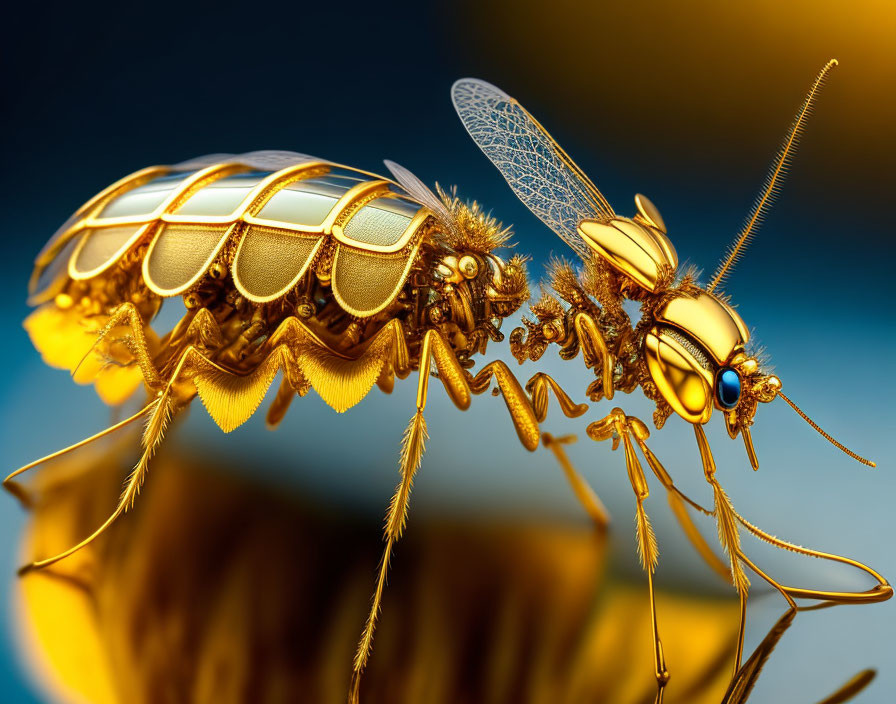 Mechanical bee with intricate gears on blue and gold background