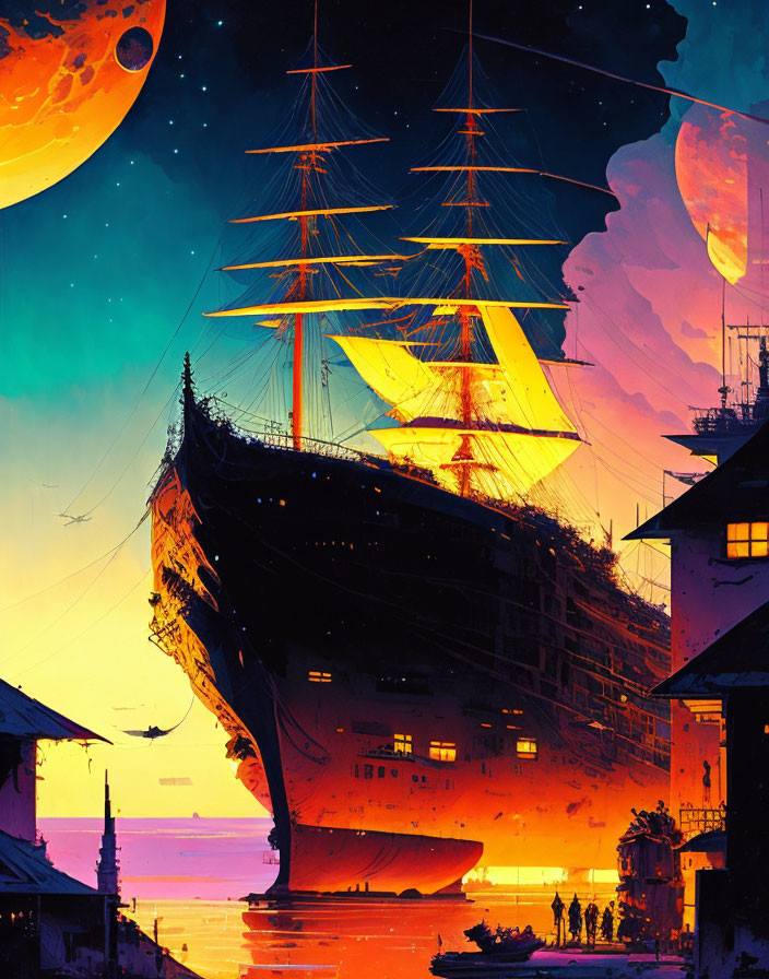 Futuristic harbor artwork with tall ship, surreal sunset, and oversized moons