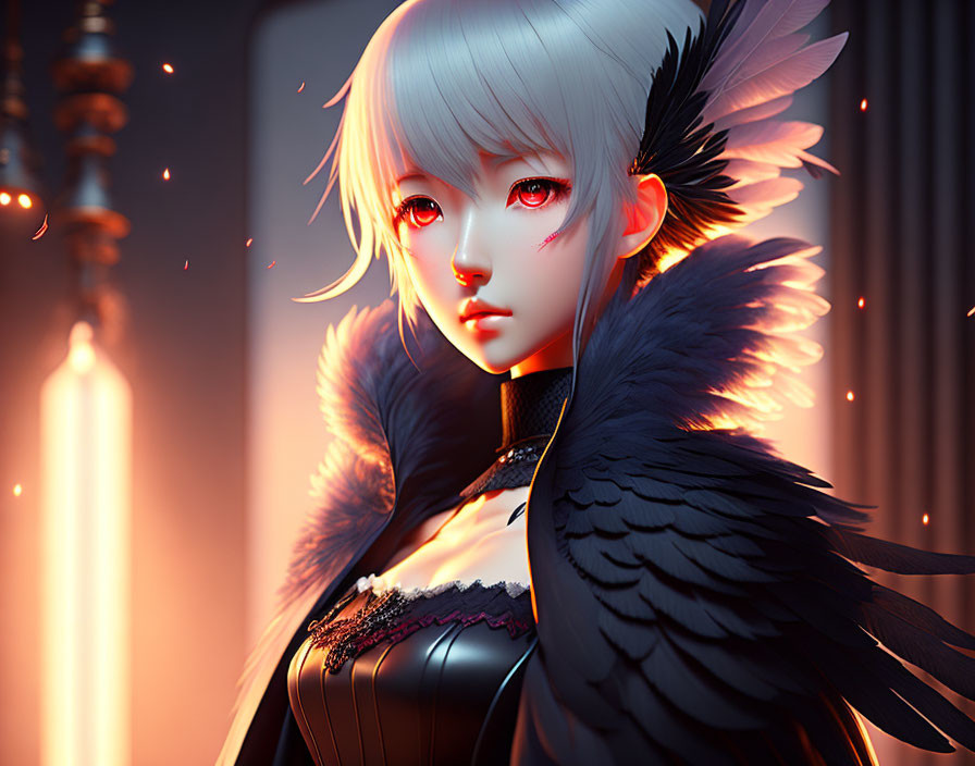 Character with White Hair, Red Eyes, Black Wings, and Orange Light