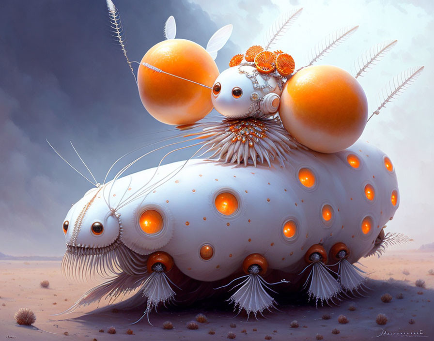 Fantastical caterpillar creature in surreal desert landscape