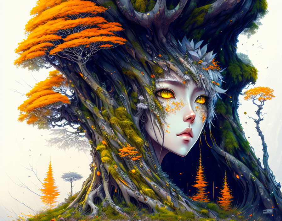 Mystical forest spirit with face in tree, vibrant orange foliage, green moss