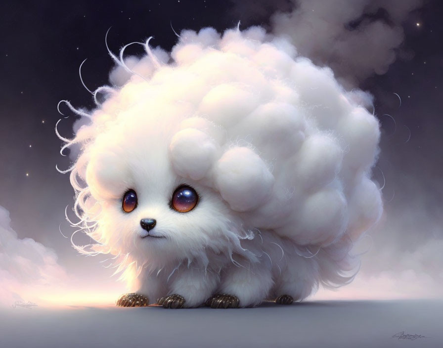 Fluffy white creature with sparkling amber eyes and tiny paws.