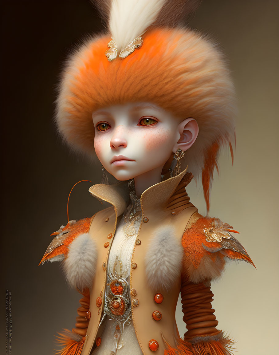 Child in ornate orange and white fur hat with golden feathered outfit