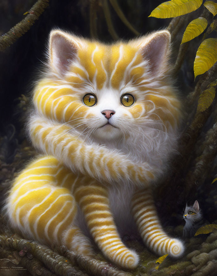 Striped fluffy cat with large eyes perched in a tree.