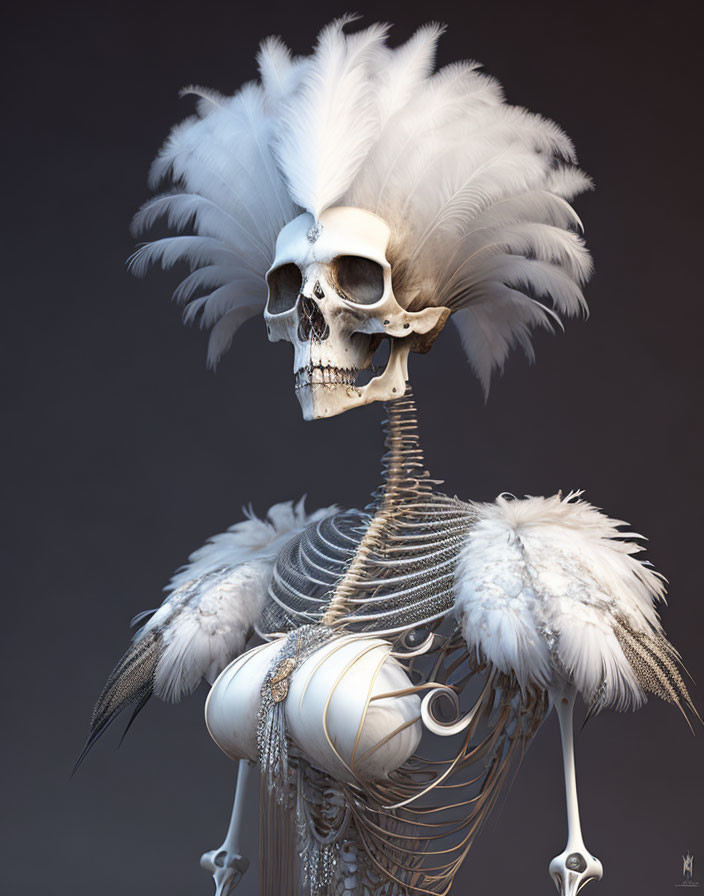 Detailed 3D illustration of humanoid skeletal figure with white feathered headdress