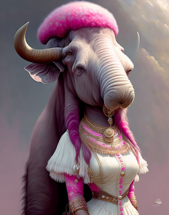 Illustration of creature with elephant head in purple jewelry on cloudy background