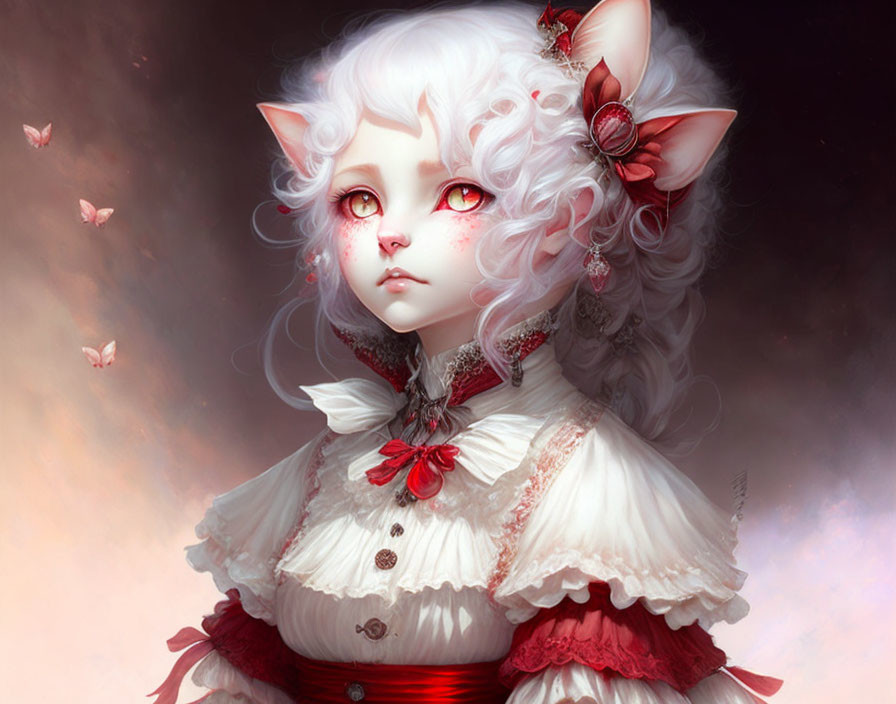 Fantasy character with white hair and cat-like features in Victorian dress with red accents and butterflies.