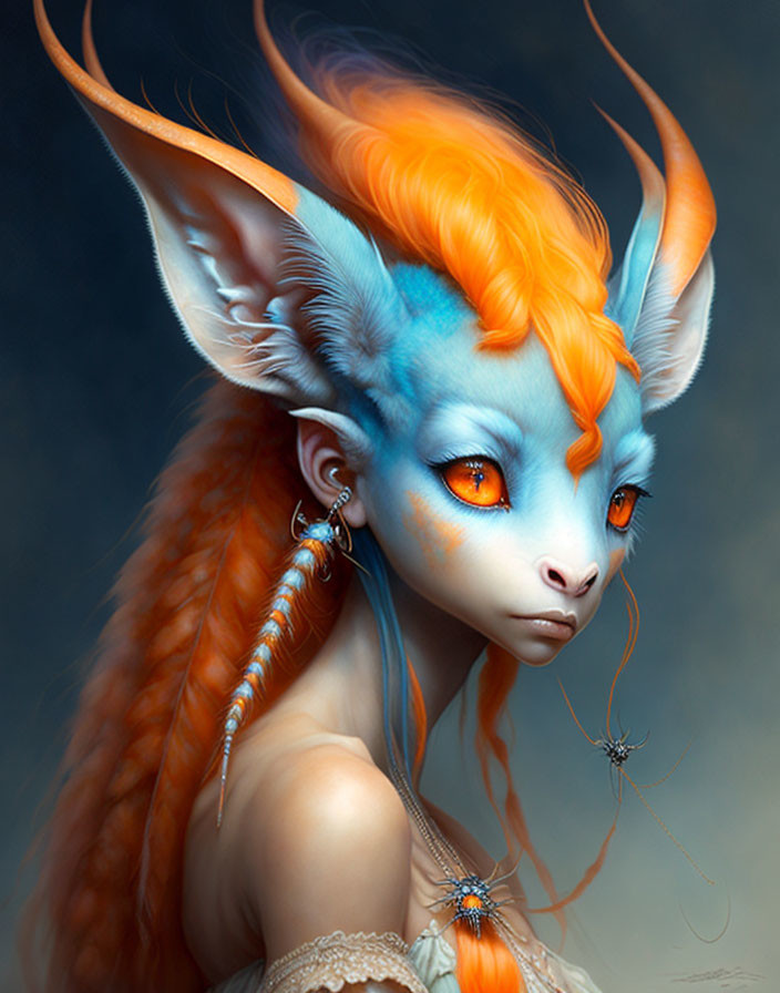 Blue-skinned creature with fiery orange hair and intense orange eyes in fantasy portrait.