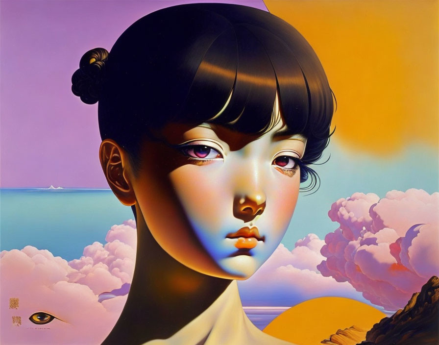 Surreal portrait of girl with large eye and vibrant backdrop