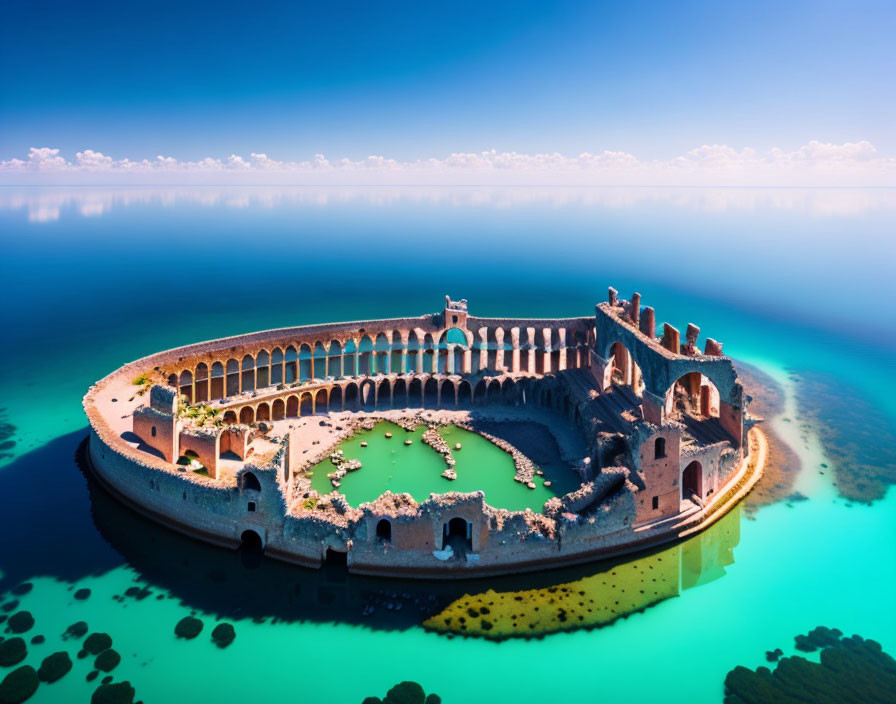 Circular stone fortress with arches in tranquil blue waters - serene landscape