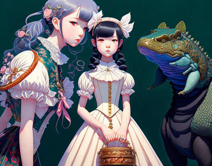 Stylized anime girls and humanoid alligator in elaborate dresses on dark teal background