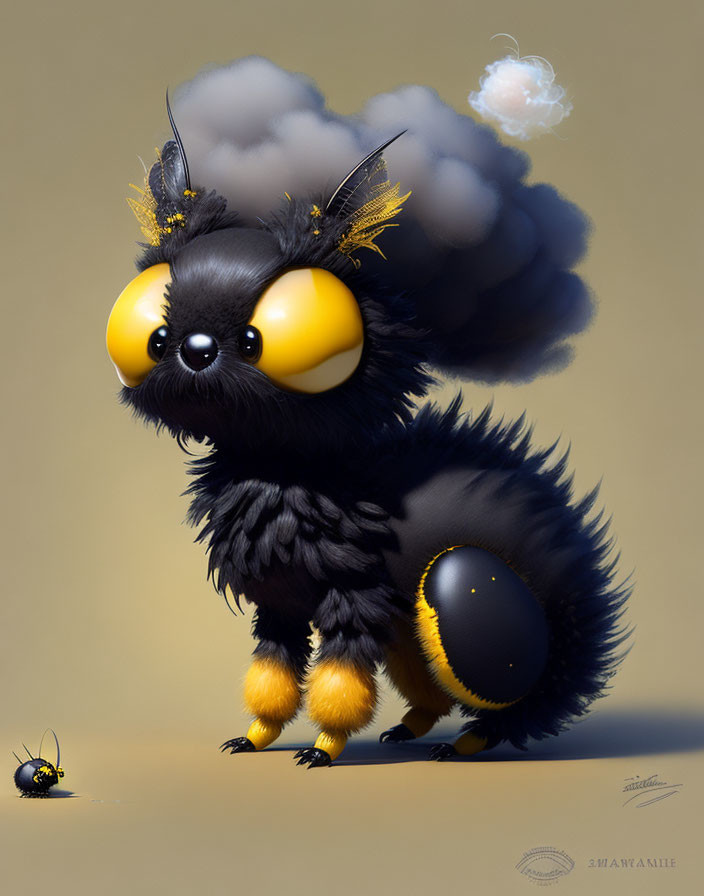 Fluffy black creature with yellow eyes and bee-like antennae in whimsical scene