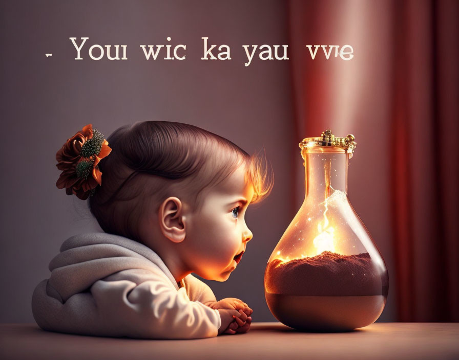 Baby gazes at light bulb terrarium with tiny sunset scene and nonsensical text above