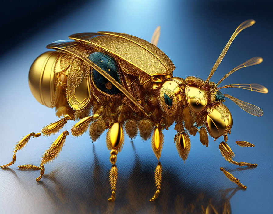 Detailed Golden Mechanical Bee on Blue Background with Metallic Reflections