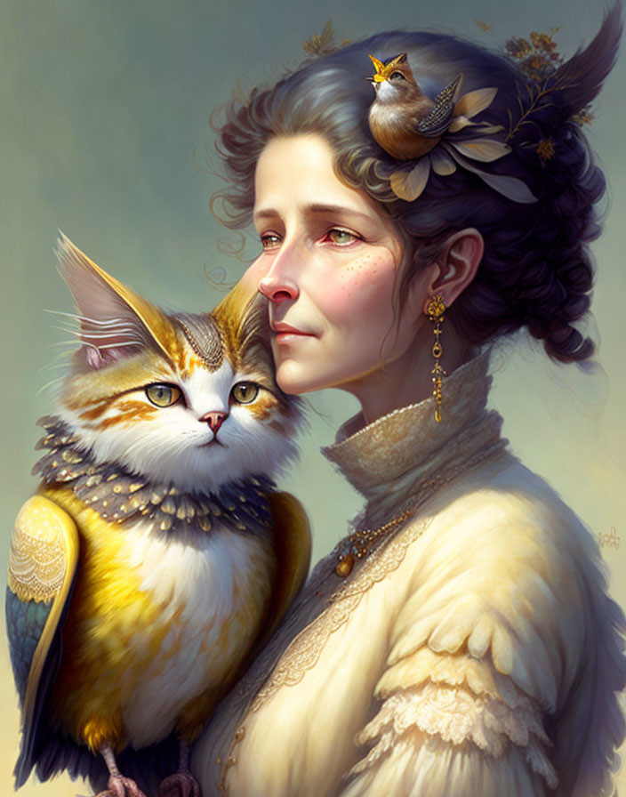 Vintage woman with bird and surreal cat-owl hybrid on shoulder