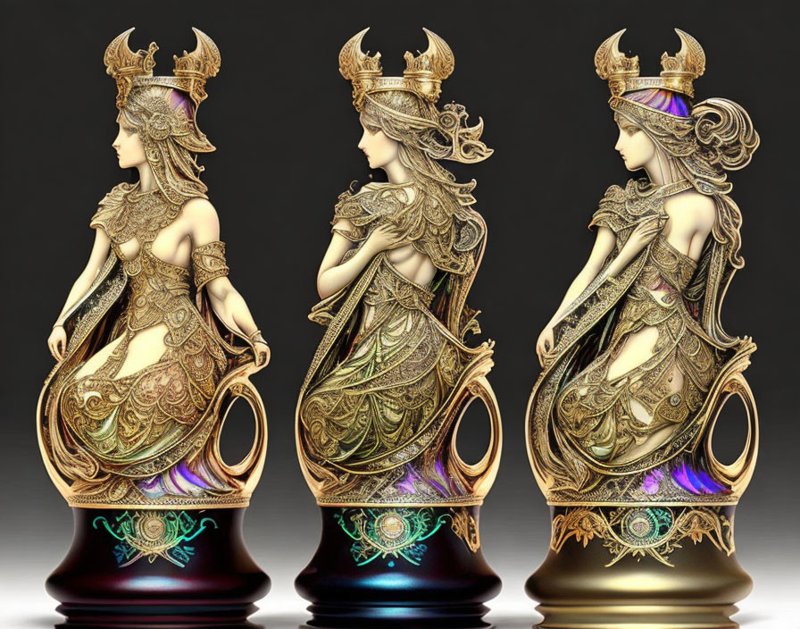 Golden Valkyrie Figurines in Ornate Armor Displayed Row Against Dark Background