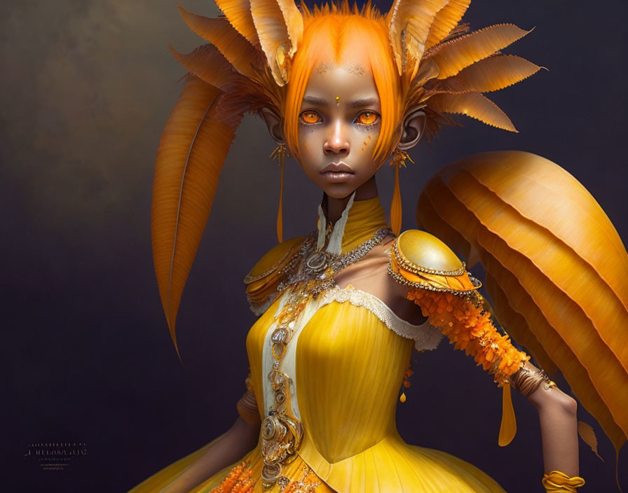 Fantastical character portrait with orange and yellow tones and elaborate headdress.