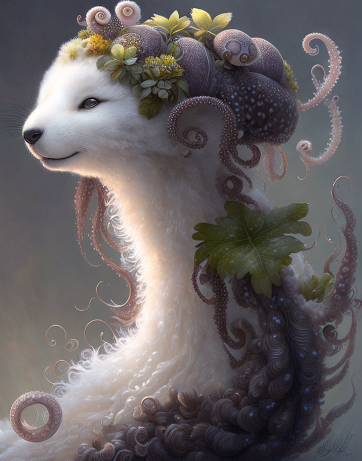 Illustrated creature: White fox head, floral adornments, tentacle body