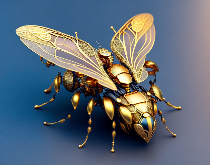 Intricate gold and brass mechanical bee on blue background